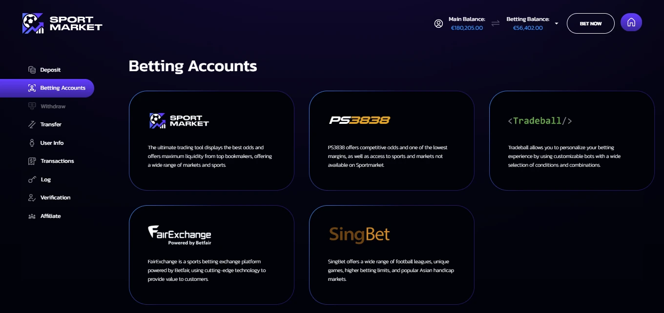 SportMarket accounts overview — multi-venue setup