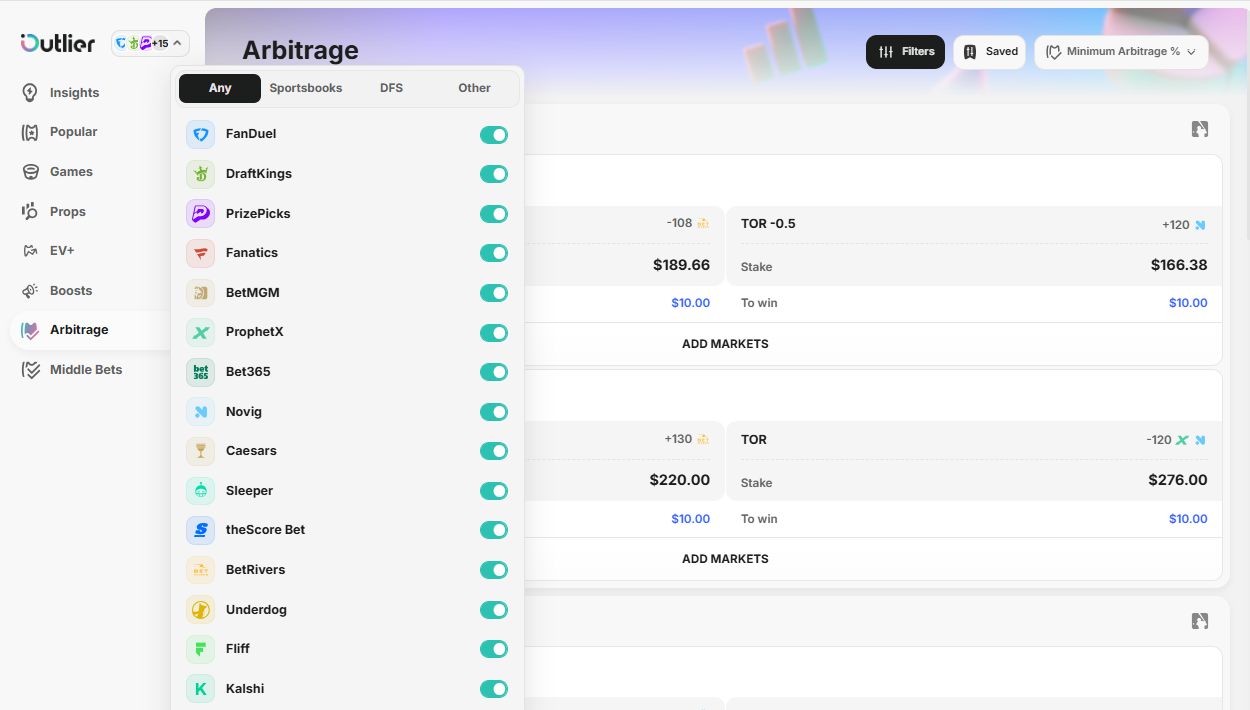 Outlier — arbitrage betting tool